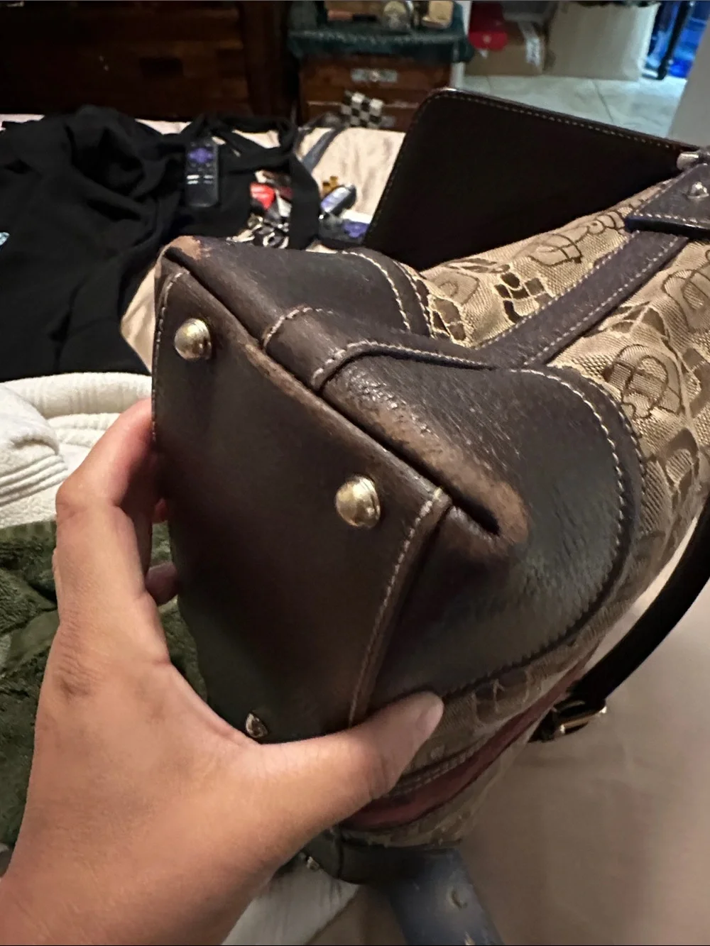 Gucci Brown Monogram Canvas Shoulder Bag with Burgundy Stripe